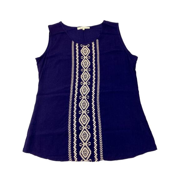 Solitaire Navy Blouse Sleeveless Embroidered Anthropologie Top Size M - Picture 7 of 7